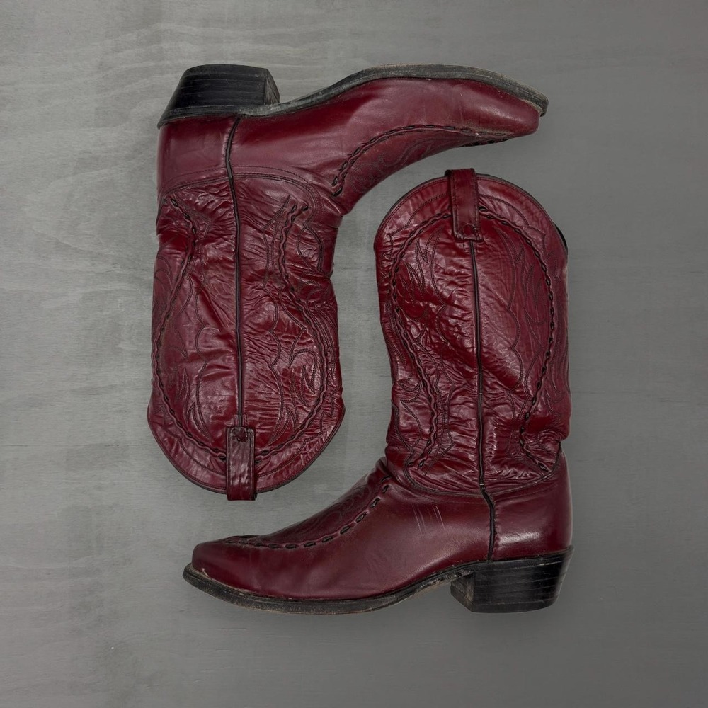 Vintage Dan Post Buckstitch Western Boots Burgundy Leather Pointed Toe 10 D